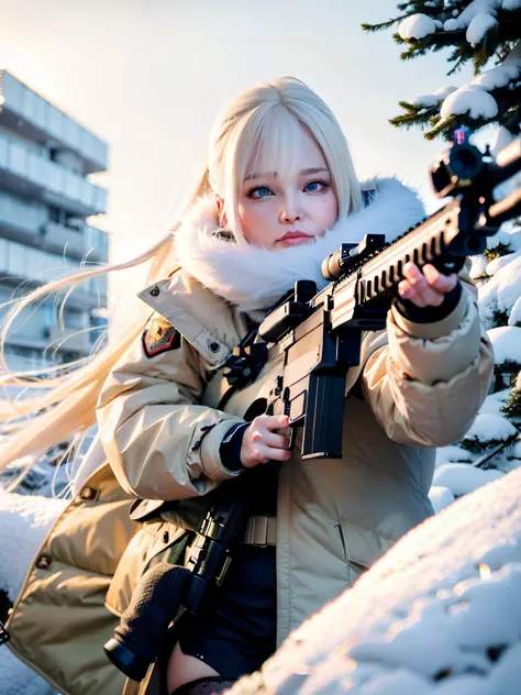 Blonde woman holding rifle in winter coat, Guviz-style artwork, with rifle, of a sniper girl in war, Perfect white haired girl, heavy winter aesthetics, white haired Cangcang, Guviz, action shot girl in parka, IG model | Art germ, Cold, White-haired, Reali...