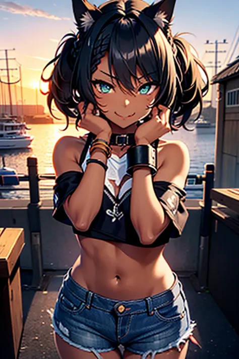 nsfw、masterpiece、best quality、super detailed dark skin、1catgirl、(((adult woman face)))、jadegreen eyes、dark skin、cat ears、horse tail、hair/(braided side pigtails)、flipped hair、midnight black hair、cleavage、(arms free)、(shoulders free)、(neck free)、wrists/(brac...