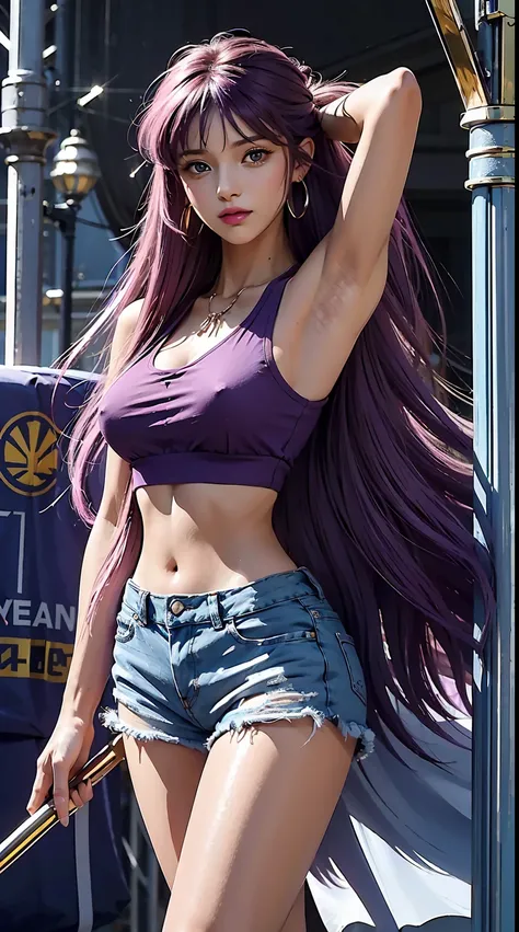 Kido_Saori, saori_accessories, staff_Nikke, purple hair, long hair, beautiful, beautiful woman, perfect body, perfect breasts, wearing a tank top, short jeans, both hands holding the hair at the back of her head, showing her armpits, wearing a watch, weari...