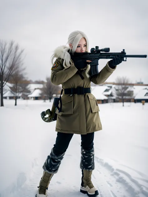 Blonde woman holding rifle in winter coat, Guviz-style artwork, with rifle, of a sniper girl in war, Perfect white haired girl, heavy winter aesthetics, white haired Cangcang, Guviz, action shot girl in parka, IG model | Art germ, Cold, White-haired, Reali...