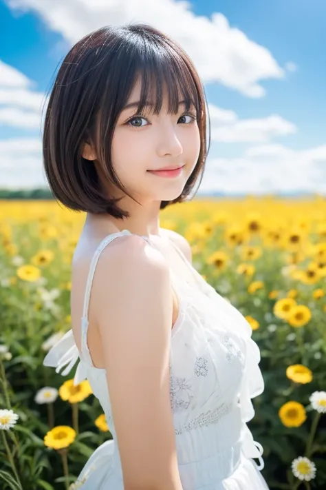 1 girl, Realistic young idol, young gravure idol, young pretty idol, Japanese model, Beautiful Asian girl, short hair with bangs, bob cut, masterpiece, 8K,Blue sky, white clouds, looking at Viewer, flower field, fresh image