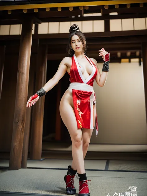 mai shiranui, (Full body portrait:1.4), Full body, (tabi:1.4), (Realism), (masutepiece:1.2), (Best Quality), (ultra-detailliert), (8K, 4K, Convoluted), (skinny), Prestige, Brown eyes, Long hair, Brown hair, White ribbon, Sleeveless, poneyTail, sash, pelvis...