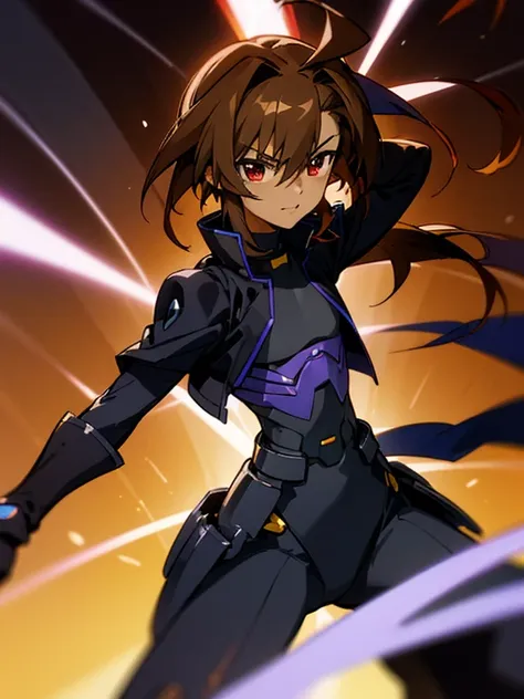 (Dark skin otokonoko), (1 boy) very long dark brown hair, red eyes, (flat chested) wearing Magical Girl Lyrical Nanoha StrikerS: Vivio Takamachi black barrier jacket,  black armoured bodysuit, black gauntlets, Cute smile