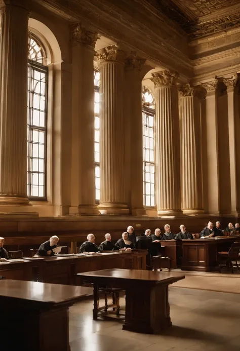 An image of Marcus Tullius Cicero engrossed in deep discussion with a group of esteemed philosophers in the Library of Congress.,original,Marcus Tullius Cicero has a slender and tall build with a prominent forehead and high hairline. He has a long, thin fa...