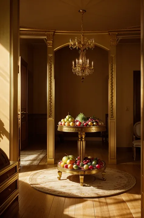 A composition of fruits, standing on a round table, in a room of gold jewelry, lots of light, soft lighting, lots of details