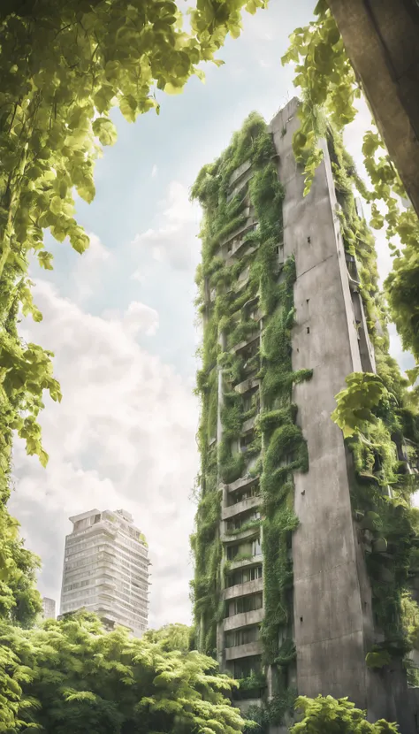 8k Photo of an overgrown skyscraper covered with trees and vines, waterfall, brutalism, abandoned building, vines, photography, bokeh, f1.8, cinematic lighting, centered composition