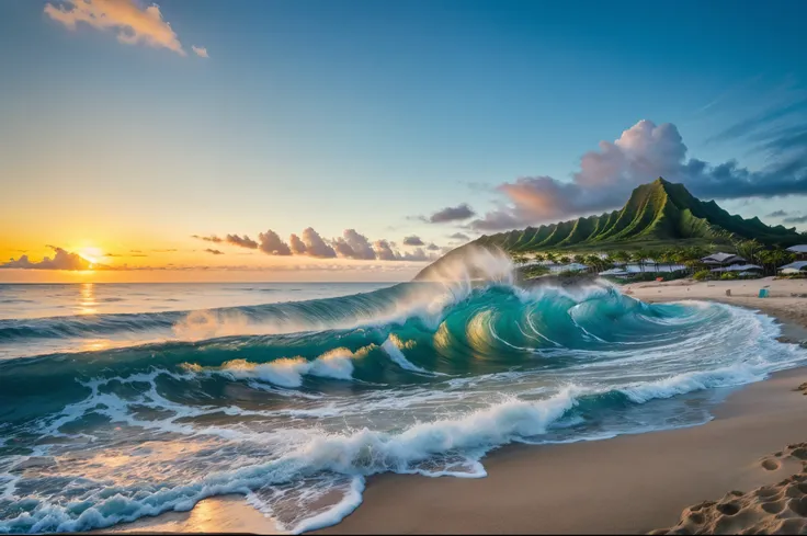 A Big curling wave breaking, (gold sand beach), wave, hawaii, Oahu, blue ocean, no people in shot, tropical beach front, beautiful bay, palm trees, sunset, ((mother of pearl sky)), (no people in shot), Reef, rocky point, "Mystical sky" (masterpiece:1.2) (p...