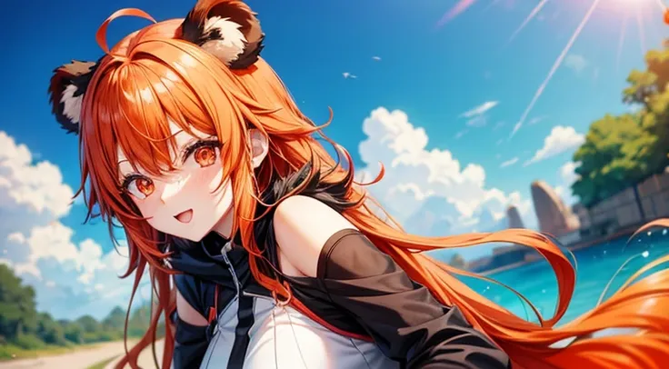 Anime Girl, rot-orange Haare, roter Panda Ohren, Katzenpanda Ohren