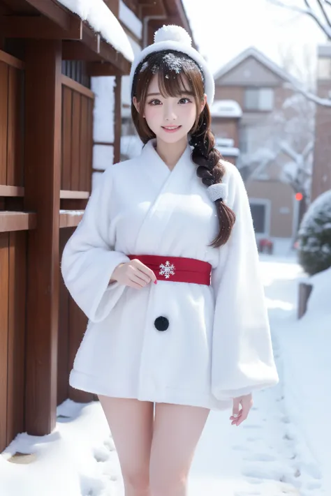 Female idol covered in a snowman、full body Esbian、、Miniskirt kimono covered in snow dolls、