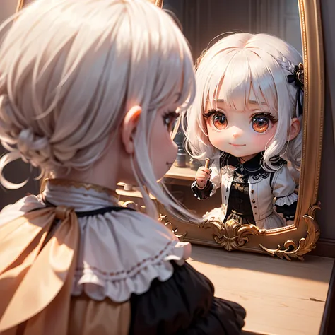 ​masterpiece、top-quality、ultra-detailliert、(Chibi Charas Daughter:1.2)、Gorgeous rose decoration mirror🪞、face to face in the mirror、white  hair、Renaissance dresses、Standing、A smile