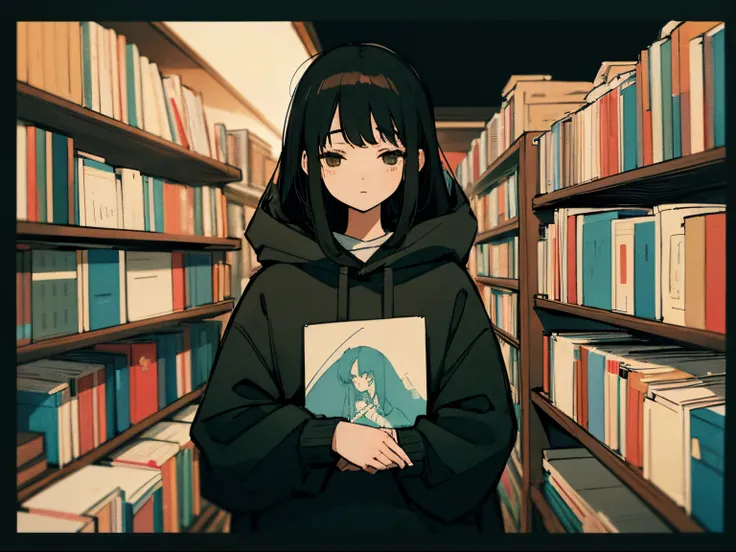 20 year old dark-haired woman, Clothes that look warm、Calm、Gentle light、black backgrounds、Coffee、head shot、Lo-Fi Illustration、a relaxing sight、Woman in hoodie、looks sleepy、bookshops