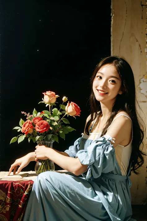 Vigée Leblanc style、Math、Astronomical utensils、astronault、Roses in a vase、fruits、cute little。A smile、Ancient Greek costumes、Paintings by Sandro Botticelli。Costume with stretched shoulders,Waiting for the start with a big smile