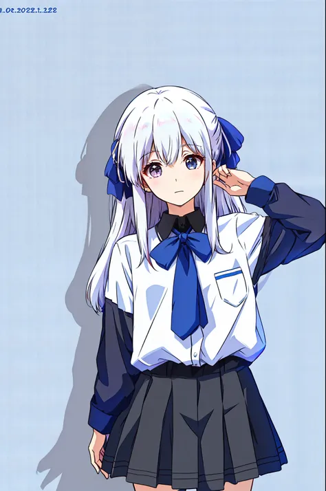 masterpiece, 1girl,solo,best quality, nii_manabu,school uniform, [white hair:pink hair:20],black skirt,long hair,upper body, hair ribbon, star-shapped hairpin,