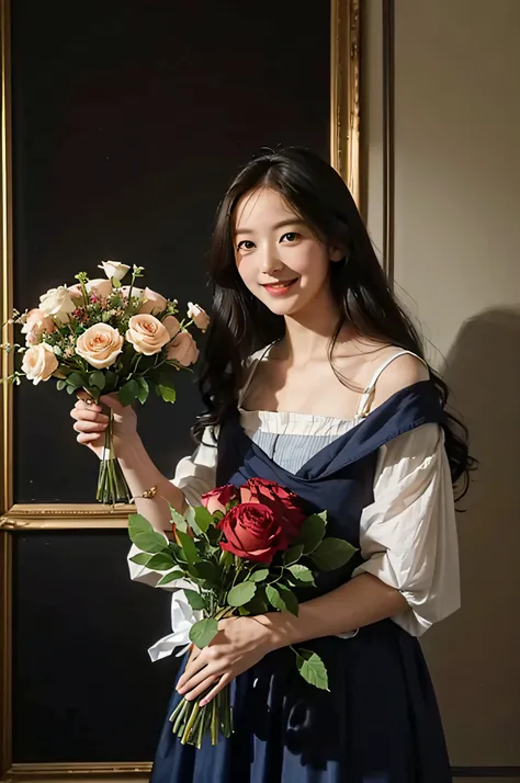 Vigée Leblanc style、Math、Astronomical utensils、astronault、Roses in a vase、fruits、cute little。A smile、Ancient Greek costumes、Paintings by Sandro Botticelli。Costume with stretched shoulders,Waiting for the start with a big smile