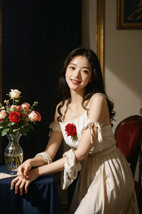 Vigée Leblanc style、Math、Astronomical utensils、astronault、Roses in a vase、fruits、cute little。A smile、Ancient Greek costumes、Paintings by Sandro Botticelli。Costume with stretched shoulders,Waiting for the start with a big smile