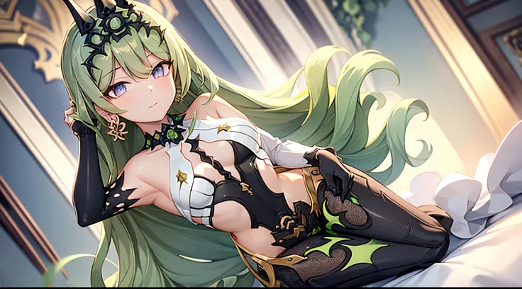 high detail, symmetrical, masterpiece, best quality, detailed eyes, mobius (honkai impact), honkai (series), honkai impact 3rd, 1girl, bangs, cleavage, earrings, green hair, hair between eyes, jewelry, long hair, looking at viewer, small breasts, single ea...