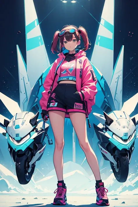 ((best quality)), ((masterpiece)), (detailed), female ((perfect face)), full body pose, streetwear, hot pink, teal, dark blue, goggles