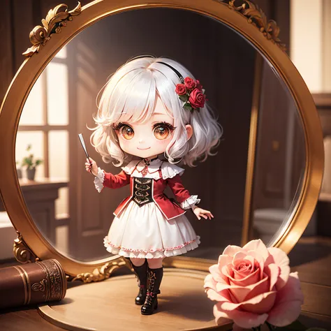 ​masterpiece、top-quality、ultra-detailliert、(Chibi Charas Daughter:1.2)、Decoration mirror with gorgeous rose flower decorations、face the mirror、white  hair、Renaissance dresses、Standing、A smile