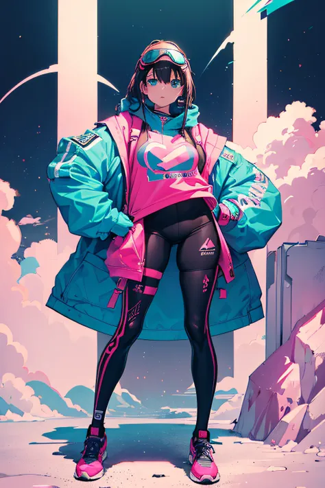 ((best quality)), ((masterpiece)), (detailed), female ((perfect face)), full body pose, streetwear, hot pink, teal, dark blue, goggles