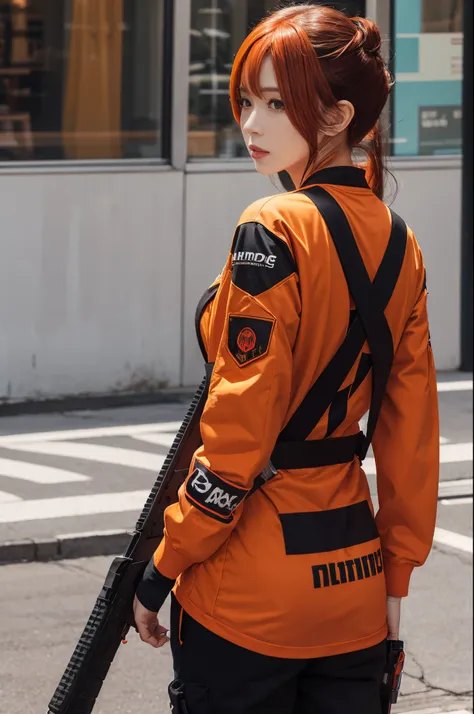 5 head body、Twin-tailed、Orange hair、Rear view、Red Jersey、Holding an assault rifle