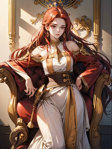 Gold and red tones、Fantasia、Ancient legends、Eventide、Best Quality, Very high resolution, 4K Detail CG, ​master piece、aesthetics、Mysterious、Queen of Thrones、Charisma、Ishtar, Goddess of War、Increase your fighting spirit、Invincible Great General、Be brave and ...