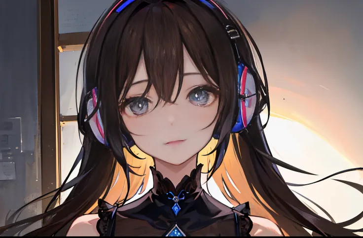 (masuter piece、side lights、ultra-detailliert、inely detailed beautiful eyes: 1.2)、1girl in、建筑、headphones、Black dress、Long、view front、Brown hair、独奏、The upper part of the body、​masterpiece、cafes、top-quality