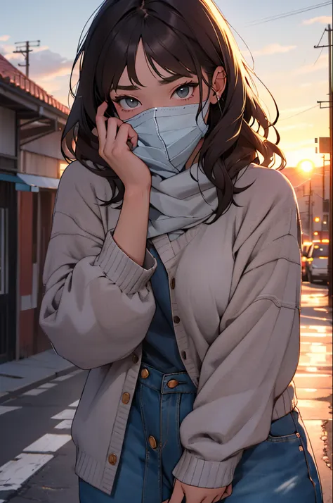 A brunette girl covers her face with her hand at sunset