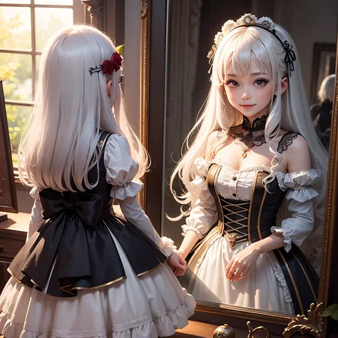 ​masterpiece、top-quality、ultra-detailliert、（Chibi Charas Daughter：1.2）、Decorative mirror decorated with gorgeous rose flowers、The world in the mirror、white  hair、Renaissance dresses、Standing、A smile