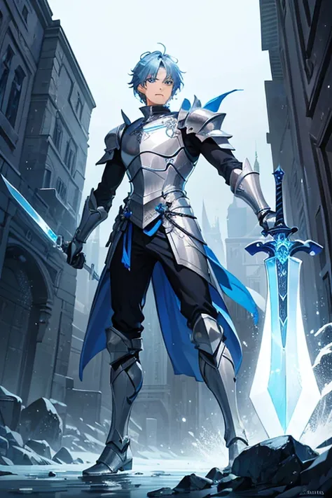 ((best quality)), ((masterpiece)), (detailed), male, knight, sword, icey, blue, action, adventure full body pose