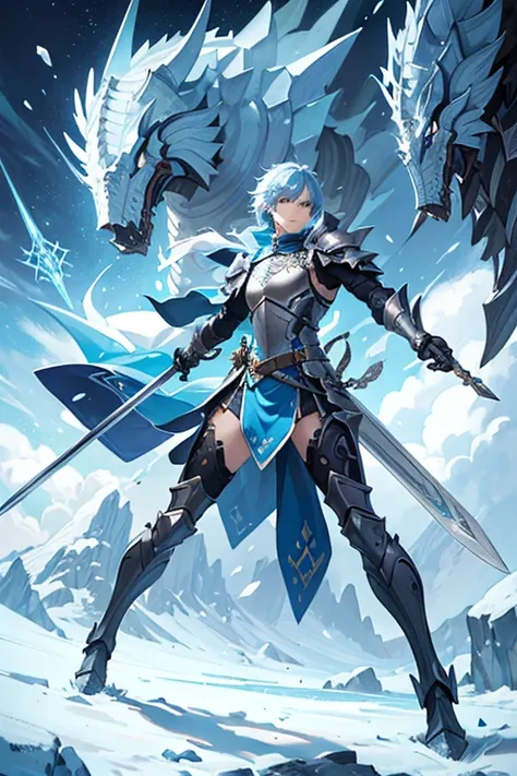 ((best quality)), ((masterpiece)), (detailed), male, knight, sword, icey, blue, action, adventure full body pose