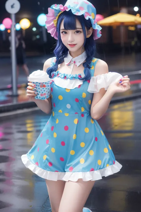 Female idol wet in the rain、full body Esbian、、blue polka dot clown fashion（ruffled leotard）、Clown hat、colorful outfit、Colorful hair