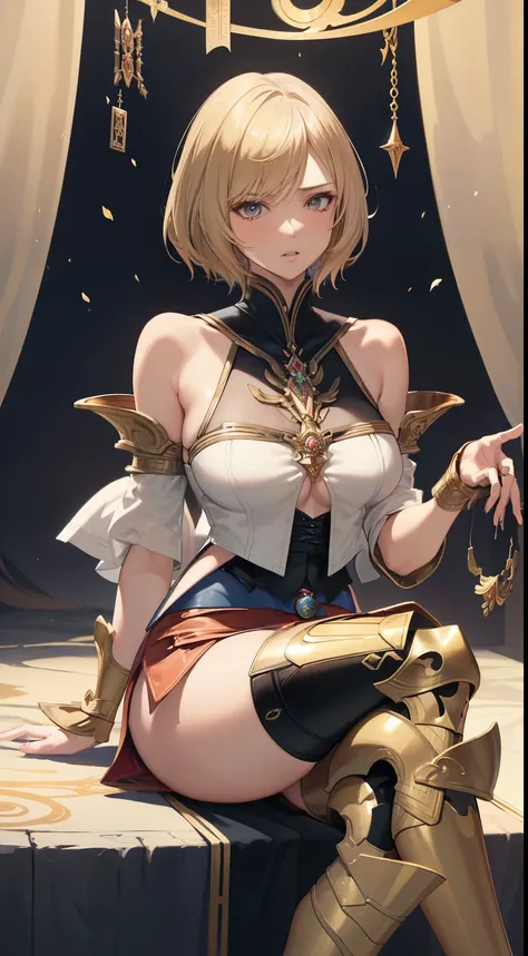 legs crossed,(the golden ratio,masutepiece, of the highest quality, Best Quality, Beautiful and aesthetic:1.2), ighly detailed, Colorful,highest details,Illustrations, fantastical scenes, (Adults,age19,1girl in, Solo, Final Fantasy 12,Ashelia, shorth hair,...