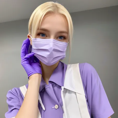 Beautie、1 Czech woman、Nurse、pretty blonde、purple surgical mask、18year old、nurses outfit、light skin colored rubber gloves