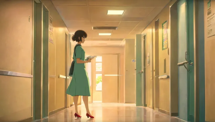 [scene：Hospital corridors，A woman looks at the inspection report in her hand，His face was solemn，Age is about 25 years old，long whitr hair，Wearing a light-colored dress，A pair of red high heels，chineseidol，Time 2023，In the daytime，inside in room，hyper HD]