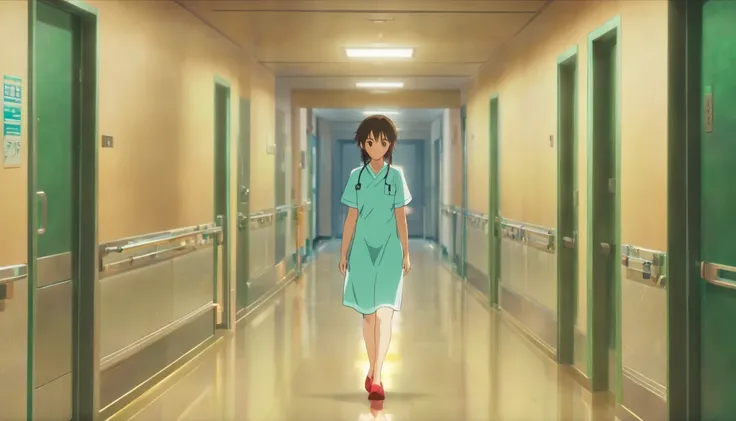 [scene：Hospital corridors，A woman who is，His face was solemn，Age is about 25 years old，long whitr hair，Wearing a light-colored dress，A pair of red high heels，chineseidol，Time 2023，In the daytime，byself，Walking in the hospital corridor，Tears in my eyes，hype...