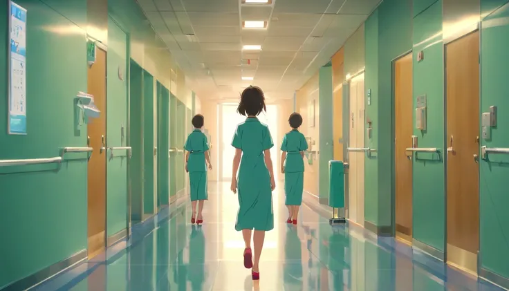 [scene：Hospital corridors，A woman who is，His face was solemn，Age is about 25 years old，long whitr hair，Wearing a light-colored dress，A pair of red high heels，chineseidol，Time 2023，In the daytime，byself，Walking in the hospital corridor，Tears in my eyes，hype...