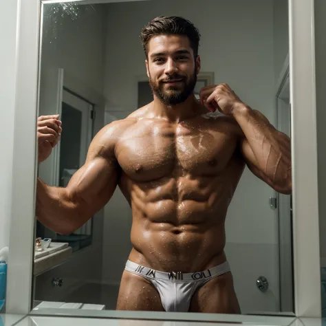 Masterpiece, cinematic, ultra high quality, high defintion, amazing, beautiful textures, ultra reaistic, water smoke, vapor. Handsome and musculated white skin man with beard reflected in the mirror, smiling seductive, showing abs, mirror blurred by water ...