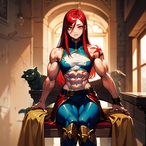 （（（​masterpiece）））、（（（Top image quality）））、（（（top-quality）））、（（（Illustration of one girl）））、（（（Muscle Girl）））、（（（neuter）））、a cool、（（Long hair with red hair））、Golden eyes、（（Tall））、（（（Muscular and strong body）））、（（（Muscular and strong body）））、（（Split abs））、（...