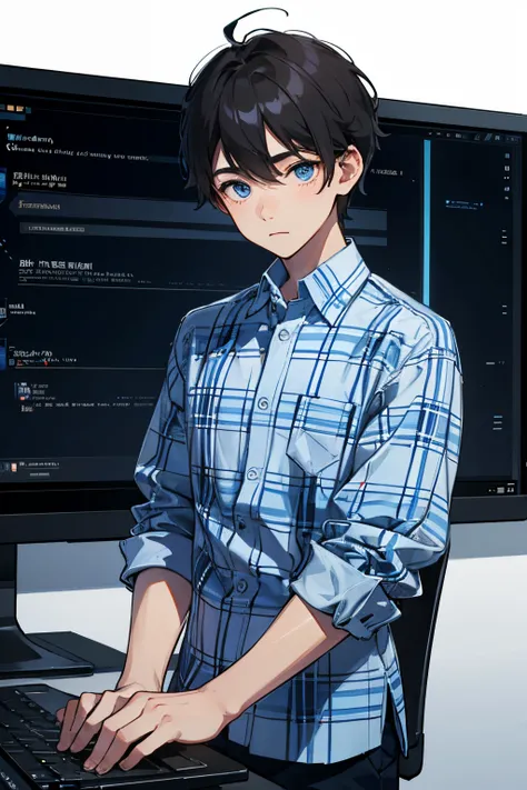 16k,quadratic element，innocent boy，Blue plaid shirt，Programmer characteristics，Deep eyes