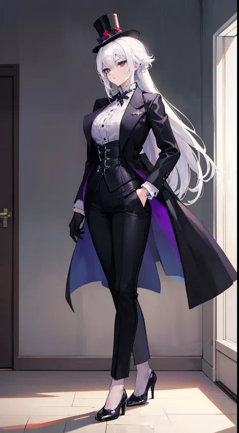 (masterpiece, best quality:1.2), illustration, 8k, hd, 1girl, solo, (((white hair, purple eyes,))) black coat, large breasts, black pants, indoors, arle suit, serious expression, tall, mature, elegant, black gloves, top hat, full body, from front, black sh...