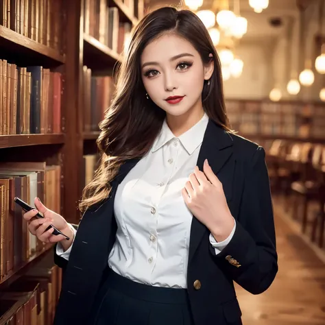 ((top-quality、masutepiece、8K、Top image quality))、(1 photo:1.5)、Highly saturated、1 schoolgirl、((black navy suit、White blouses))、The happiest smile、View me、waved hair、Portrait Style, antique interior, Wall-to-wall bookshelves, a desk, Cinematic Light, gothic...