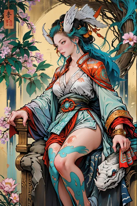 Depicts the ancient goddess of creation，Nuwa is the creation goddess in Chinese mythology（snake tail：1.6，）。This is a great goddess image handed down from the matrilineal clan period in primitive society..。Deep background，Huang Li，marvelous and unbelievable...