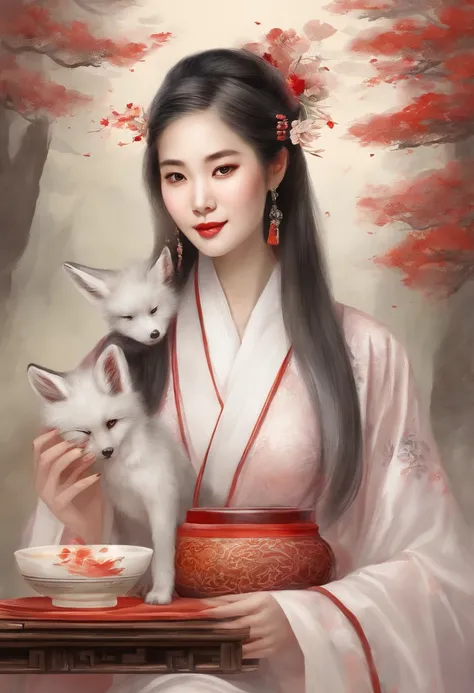 Beautiful Chinese girl gets high wearing Hanfu, Next to it is an elegant nine-tailed white fox. realist, low  angle shot, and the light red and white tones used. The girl exudes confidence and strength, The fox exudes a charming and mysterious aura.teapot。...