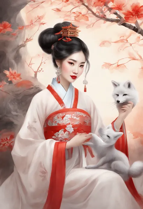 Beautiful Chinese girl gets high wearing Hanfu, Next to it is an elegant nine-tailed white fox. realist, low  angle shot, and the light red and white tones used. The girl exudes confidence and strength, The fox exudes a charming and mysterious aura.teapot。...