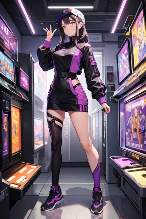 ((best quality)), ((masterpiece)), (detailed), female ((perfect face)), full body pose, streetwear, pinball, mature, purple, cyberwear, techwear