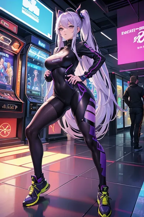 ((best quality)), ((masterpiece)), (detailed), female ((perfect face)), full body pose, streetwear, pinball, mature, purple, cyberwear, techwear