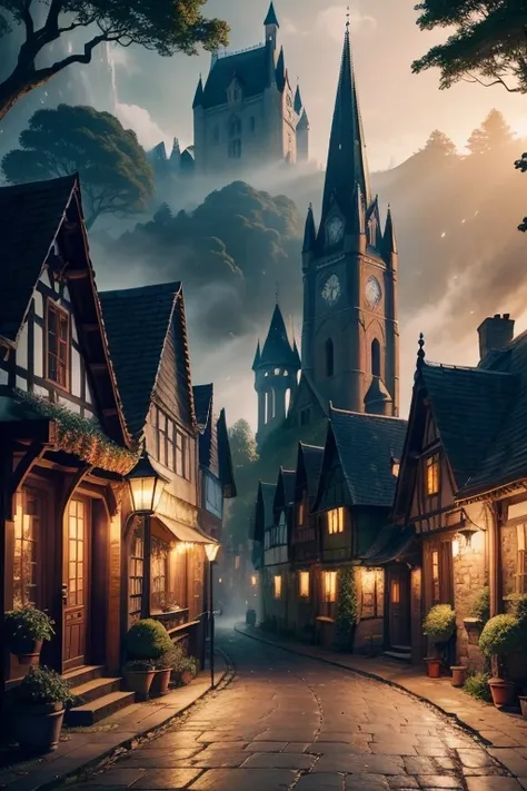 A magic old village,ancient,enchanted atmosphere,medieval stone buildings,slender cobblestone streets,curved and aged doors,golden street lamps,overgrown with ivy,paved with richly colored fallen leaves,whispering trees,hidden pathways leading to secret ga...