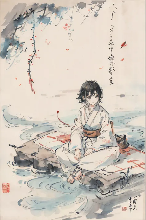 （Best masterpiece），8K，A little boy with messy hair，（Wearing Hanfu），（Fishing rod in hand：1.6），Sitting sideways by the river fishing，He looked at the passers-by，Put your index finger to your mouth，make a quiet gesture，Decorative painting：1.6， illuminations，I...