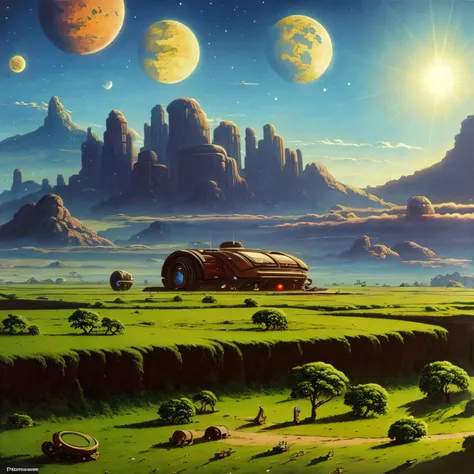 a farm in a distant planet in retrofuturist peter elson style