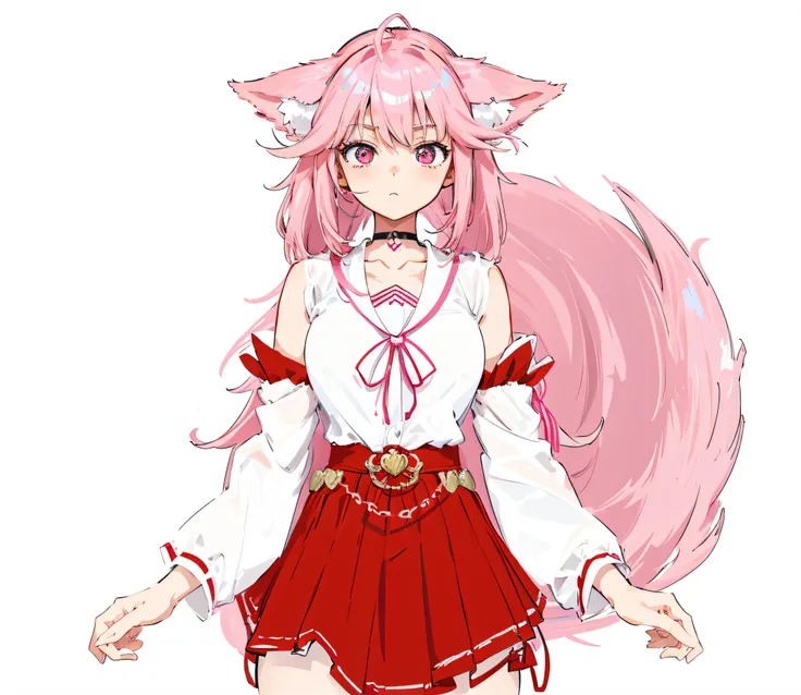 with pink hair、white  shirt、Anime girl in red skirt, Fox letter, Holo is a wolf girl, pink fox, full body adoptable, If Holo were a wolf girl, Available roles, Pink ponytail and cyan eyes, Gaimoyedre, Furry humanoid creatures, Red Fox, Anime style characte...